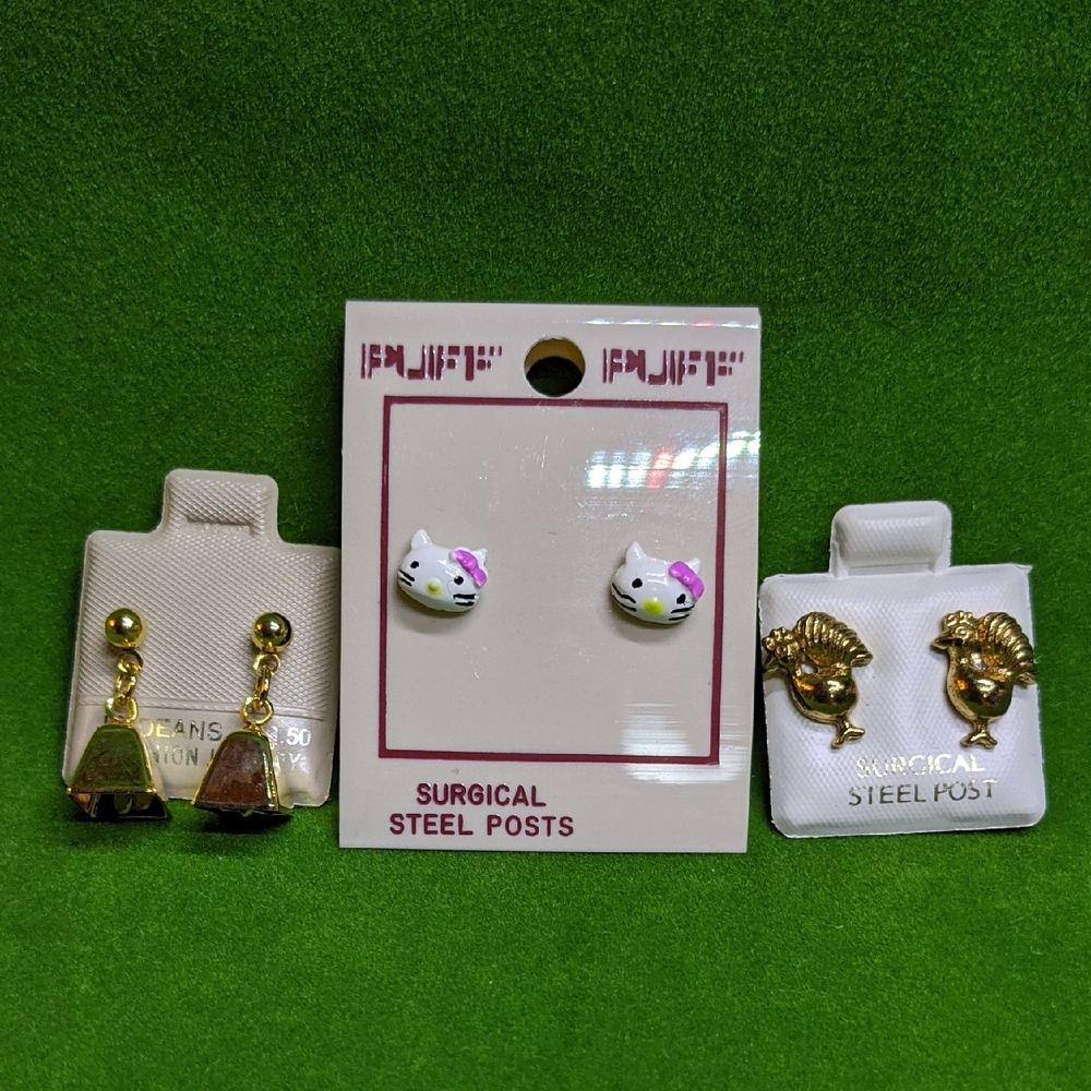Vintage Novelty Earrings, Lot Of 3: Gold-tone Bells, Hello Kitty, Rooster